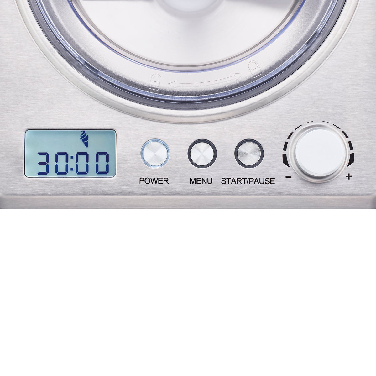 A close-up of a digital timer on a silver Ice Cream Maker, displaying 30:00 on a blue LCD screen. Below are round buttons labeled POWER, MENU, START/PAUSE, and a large dial for adjusting settings on this built-in compressor unit.