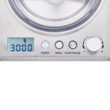 A close-up of a digital timer on a silver Ice Cream Maker, displaying 30:00 on a blue LCD screen. Below are round buttons labeled POWER, MENU, START/PAUSE, and a large dial for adjusting settings on this built-in compressor unit.