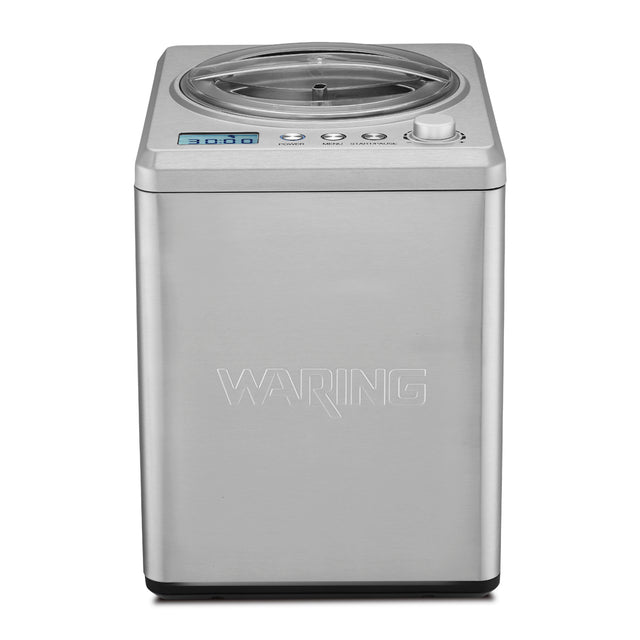 A stainless steel Ice Cream Maker with a 2.5 qt. capacity and digital display reading 30:00, labeled Waring, features four buttons, a round transparent lid on top, and a built-in compressor. Designed for frozen desserts. Background is plain white.