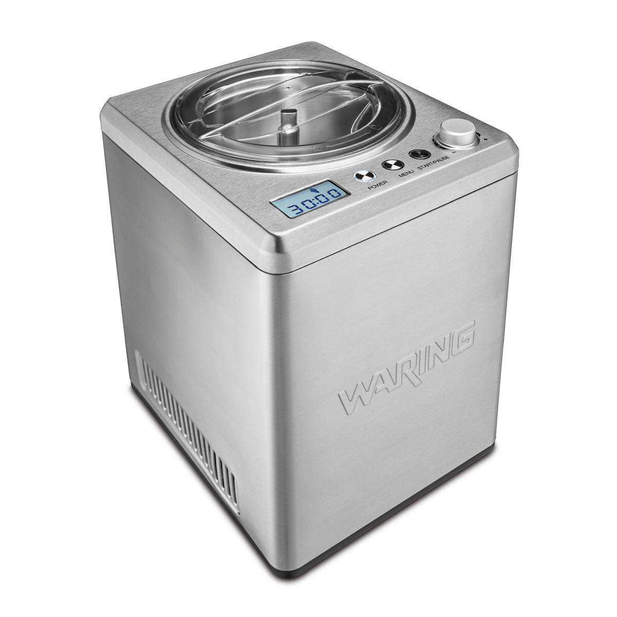 A stainless steel Waring Ice Cream Maker with a clear lid, control buttons, digital display (30:00), and top selection knob. The 2.5 qt. capacity unit has side ventilation slots, a built-in compressor, and Waring embossed on the front.