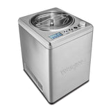A stainless steel Waring Ice Cream Maker with a clear lid, control buttons, digital display (30:00), and top selection knob. The 2.5 qt. capacity unit has side ventilation slots, a built-in compressor, and Waring embossed on the front.