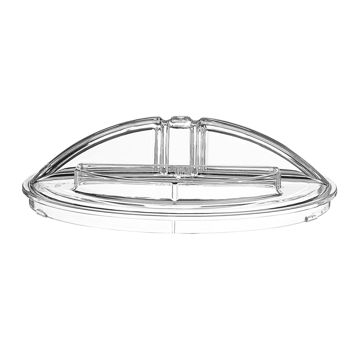 A clear, semi-circular plastic Batch Bowl Lid with a flat base and two raised, rectangular sections on top. Designed to fit securely over a matching 2 qt. WCIC20 container or tray, it features smooth edges and a symmetrical design.