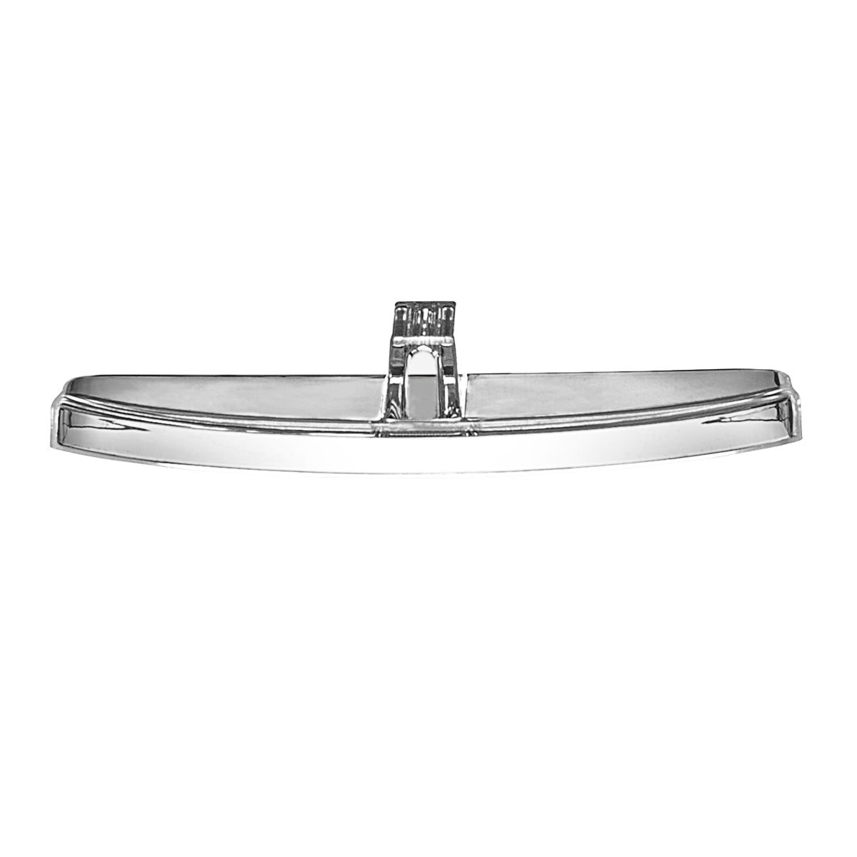 A chrome vintage car rearview mirror with rounded edges, viewed from the front. The mirror features a central mounting bracket at the top and a shiny metallic finish reminiscent of a classic Waring Mix Ingredient Lid, reflecting light brightly.
