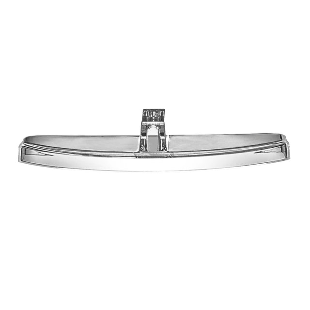 A chrome vintage car rearview mirror with rounded edges, viewed from the front. The mirror features a central mounting bracket at the top and a shiny metallic finish reminiscent of a classic Waring Mix Ingredient Lid, reflecting light brightly.