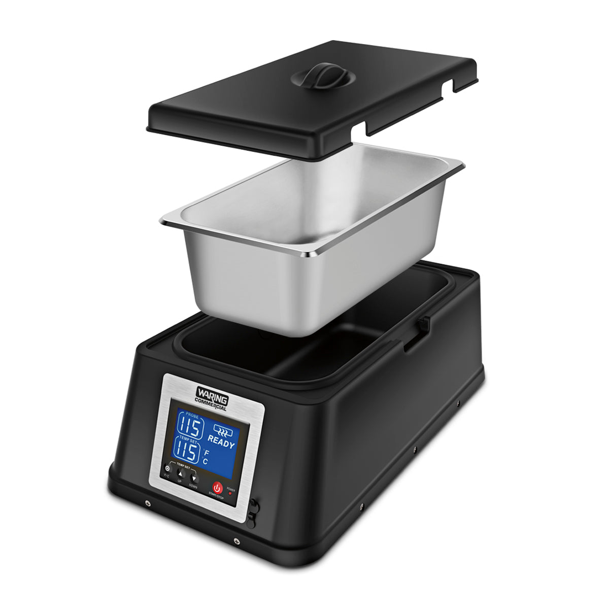 A black countertop chocolate melter with a digital display shows 115°F and READY. The stainless steel pan and black lid are lifted above the warmer, revealing its inner compartment. Control buttons and a blue-lit screen appear on the front.