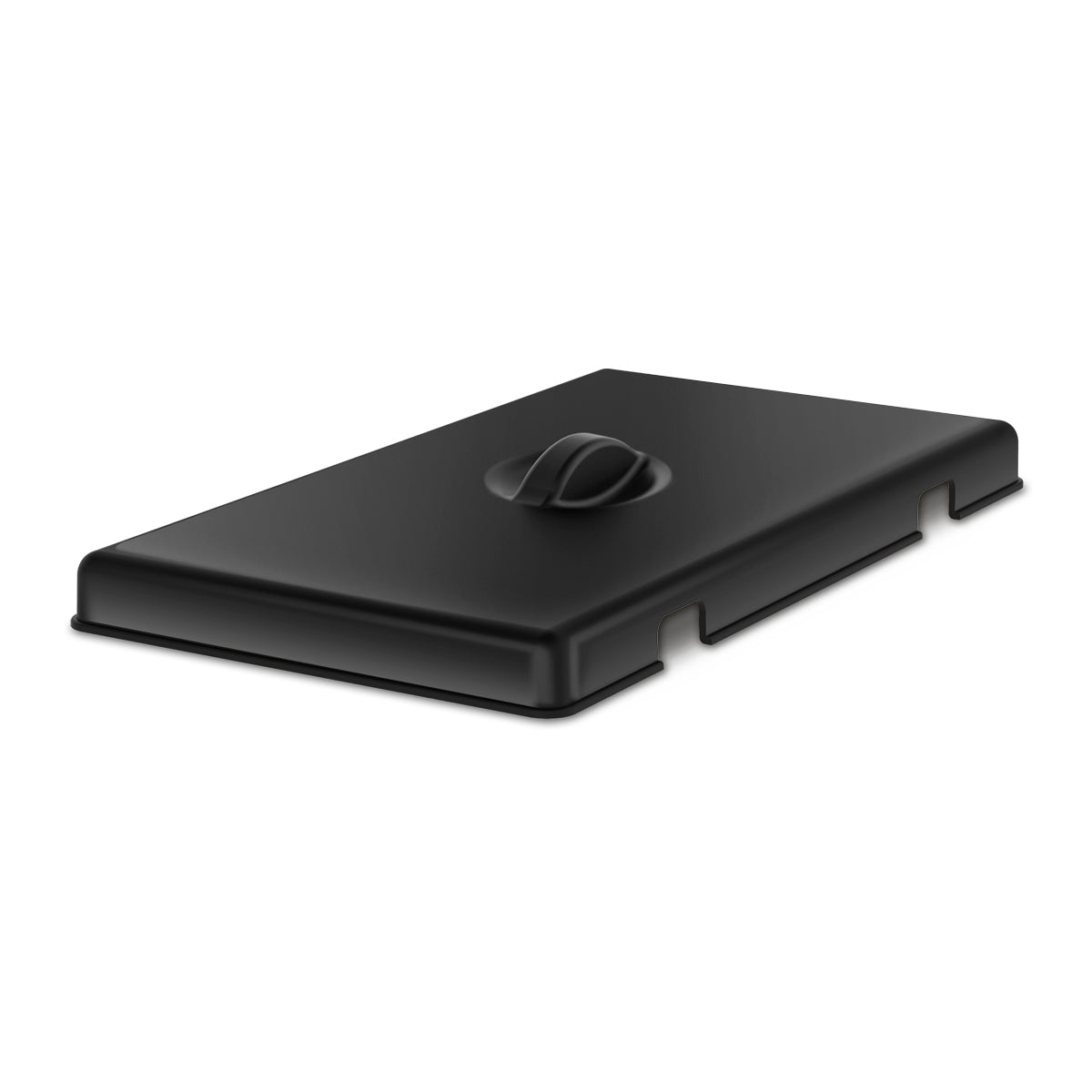 A black rectangular metal grill lid replacement with a curved handle in the center. Designed for the Waring WCM3 chocolate melter, it features curved edges and two notched cutouts along one long side, resting on a white background.