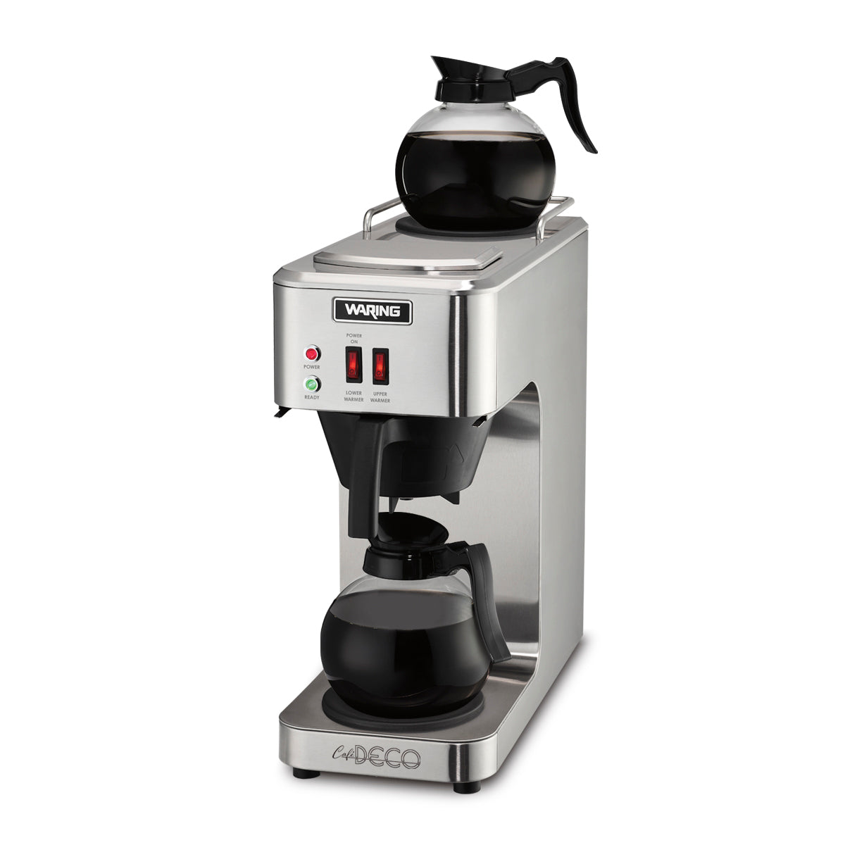 A stainless steel pourover coffee brewer with two glass carafes—one on a top warming plate and one below. This commercial coffee maker features indicator lights, switches, and the Waring brand logo displayed on the front.