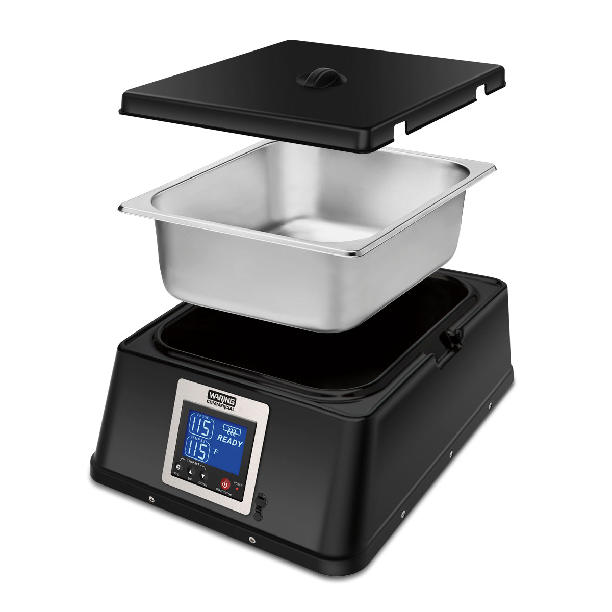 A black rectangular sous vide machine with a digital display showing “115°F” and “READY.” The stainless steel container is lifted above the countertop base, and the black lid is raised above the container, showing all parts separated and aligned vertically.