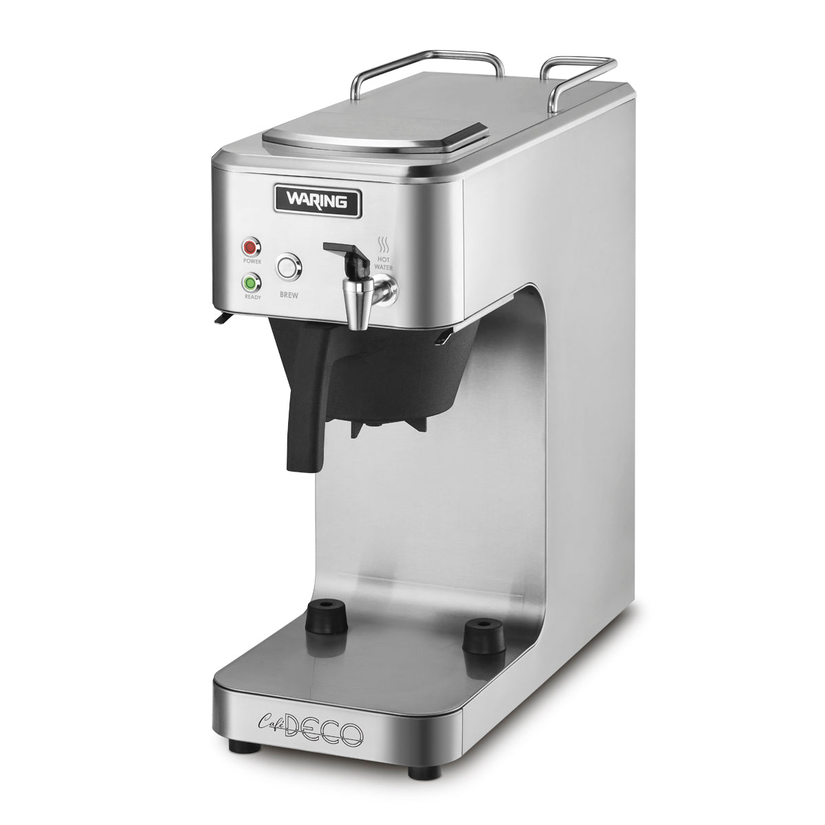 A stainless steel commercial coffee brewer with a sleek design. It features labeled buttons, indicator lights on the front panel, a black spout for dispensing coffee, and rails on top for holding items. The Waring brand name is visible above the controls.