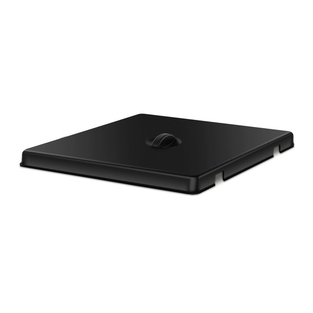 A black, square-shaped flat WCM6LID with a centered, rounded handle. The lid features slightly raised edges and four small cutouts, designed to fit securely over a compatible Waring Chocolate Melter or griddle surface.