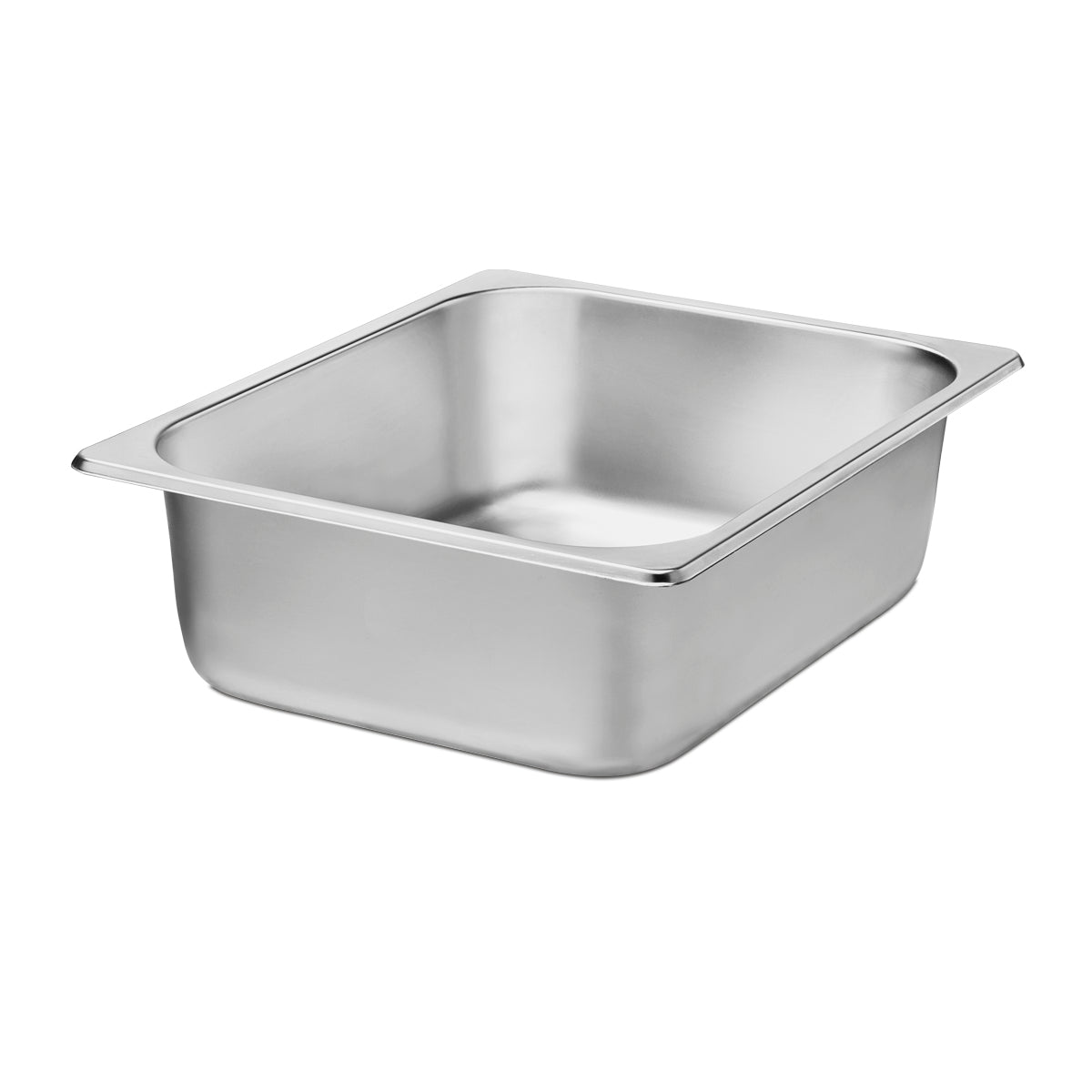 A rectangular, deep stainless steel container with rounded corners and a flat, wide rim. Ideal as a WCM6 Chocolate Melter Pan Replacement, it has smooth, brushed metal surfaces and is essential in commercial kitchens for food storage or preparation.