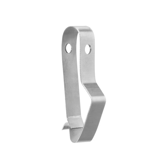 A single WCM3 metal wall hook with a flat, silver finish. The hook has two screw holes at the top for mounting and a bent lower section forming a functional hook shape. Ideal as a Probe Input Cover. Minimal design on a plain white background.