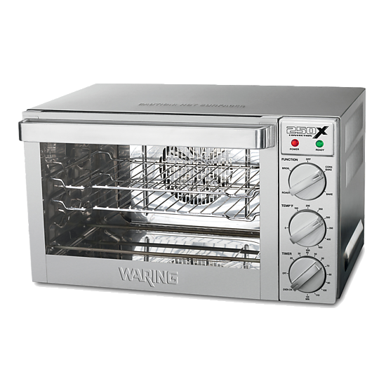 A stainless steel countertop oven with a glass door, two wire racks inside, and three control dials labeled Function, Temp, and Timer. Fits a quarter-size sheet pan and features indicator lights above the dials. Brand name Waring on the front.