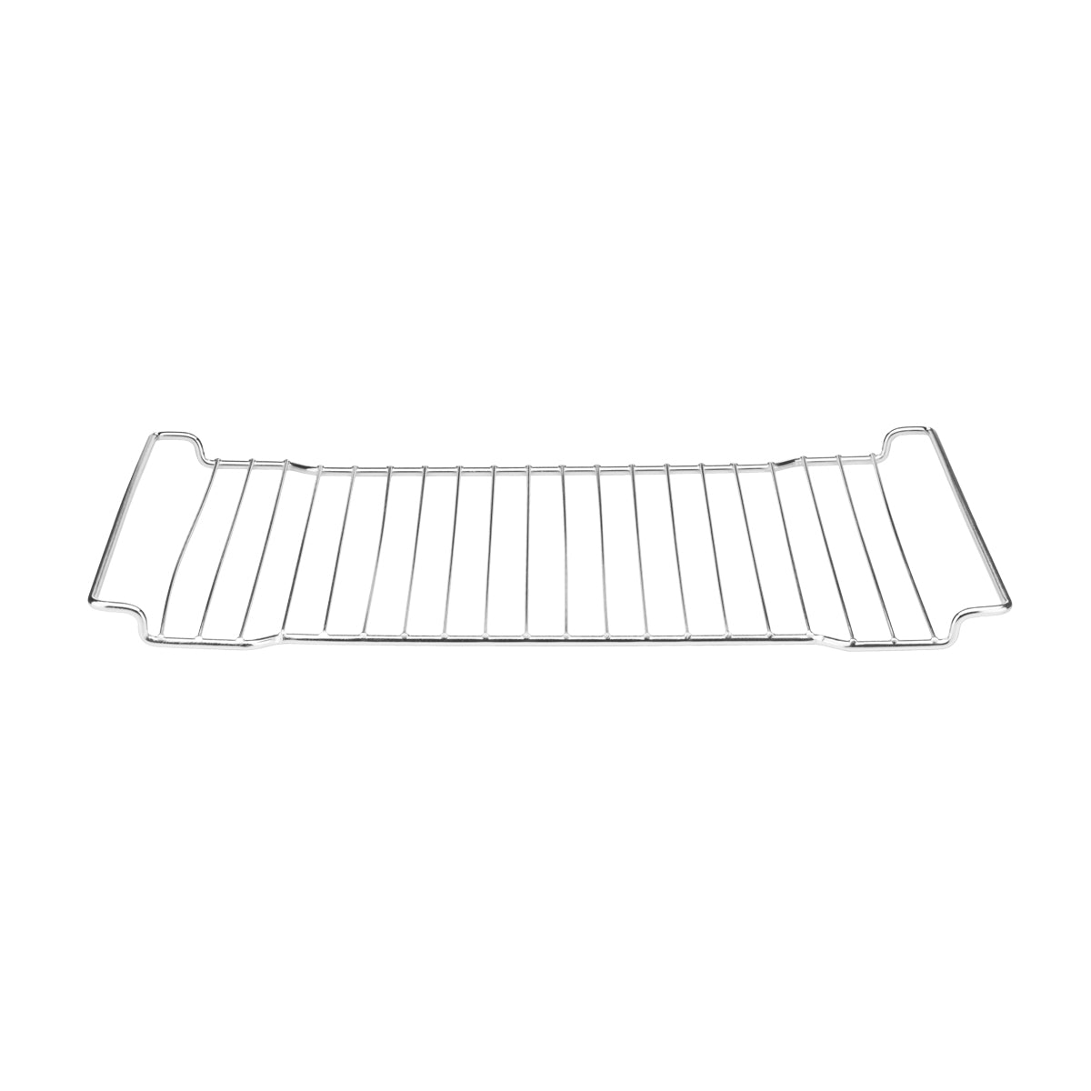 A rectangular chrome-plated Baking Rack with parallel horizontal bars and two raised handles on either side, photographed on a white background. This 1/2 size rack is simple, silver in color, and designed for holding items in an oven.