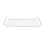 A rectangular chrome-plated Baking Rack with parallel horizontal bars and two raised handles on either side, photographed on a white background. This 1/2 size rack is simple, silver in color, and designed for holding items in an oven.