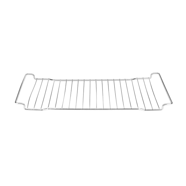 A rectangular chrome-plated Baking Rack with parallel horizontal bars and two raised handles on either side, photographed on a white background. This 1/2 size rack is simple, silver in color, and designed for holding items in an oven.