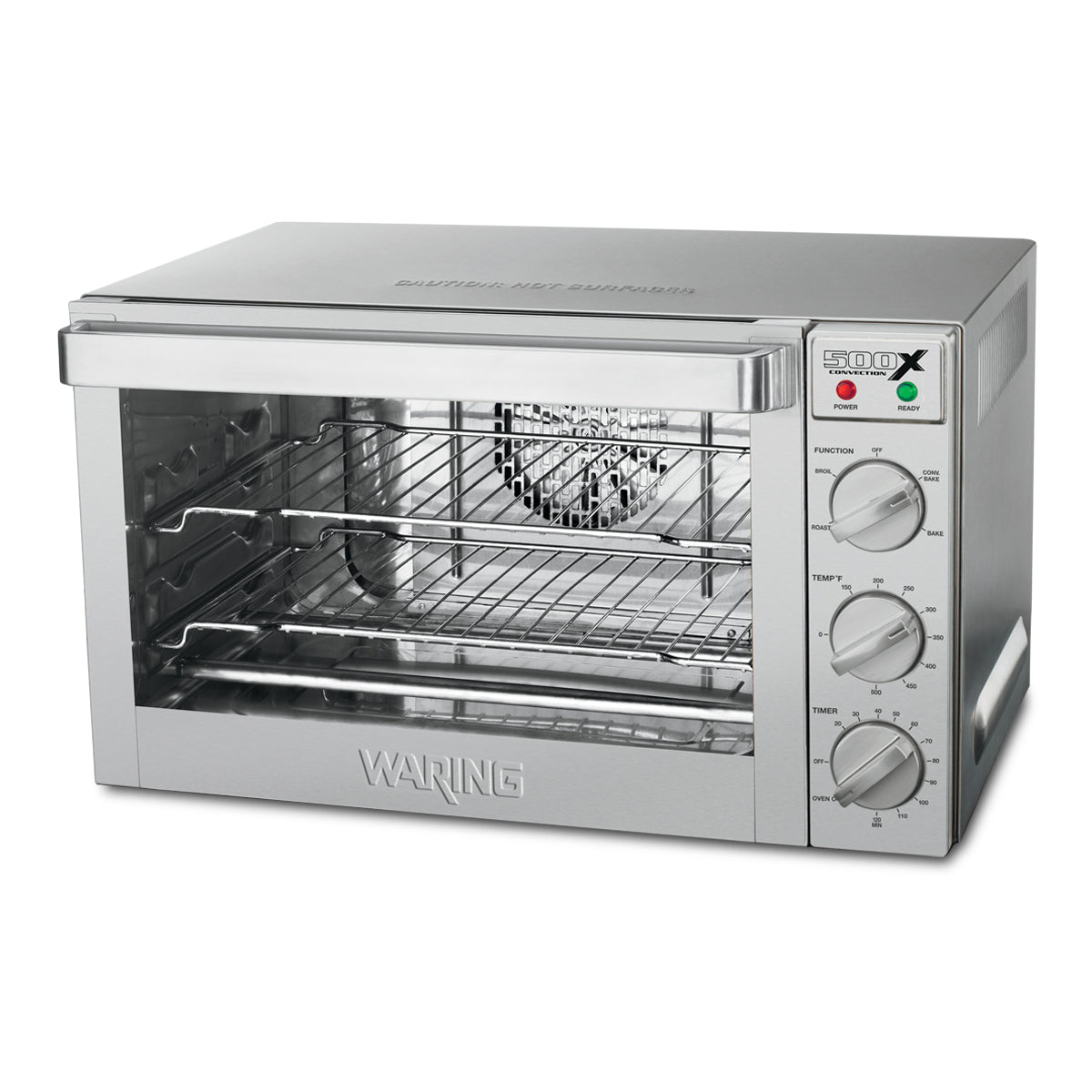A stainless steel Commercial Convection Oven designed for countertops, featuring a glass door, two wire racks, and three control knobs labeled Function, Temperature, and Timer. Indicator lights and Waring branding are visible on the front.