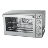 A stainless steel Commercial Convection Oven designed for countertops, featuring a glass door, two wire racks, and three control knobs labeled Function, Temperature, and Timer. Indicator lights and Waring branding are visible on the front.