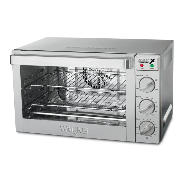 A stainless steel Commercial Convection Oven designed for countertops, featuring a glass door, two wire racks, and three control knobs labeled Function, Temperature, and Timer. Indicator lights and Waring branding are visible on the front.