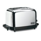 A shiny, stainless steel commercial toaster with extra-high lift control and a black base, featuring the Waring Commercial logo on the lower right corner. Its sleek, modern design sits on a plain white background.
