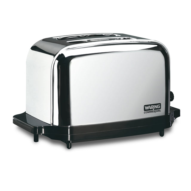 A shiny, stainless steel commercial toaster with extra-high lift control and a black base, featuring the Waring Commercial logo on the lower right corner. Its sleek, modern design sits on a plain white background.