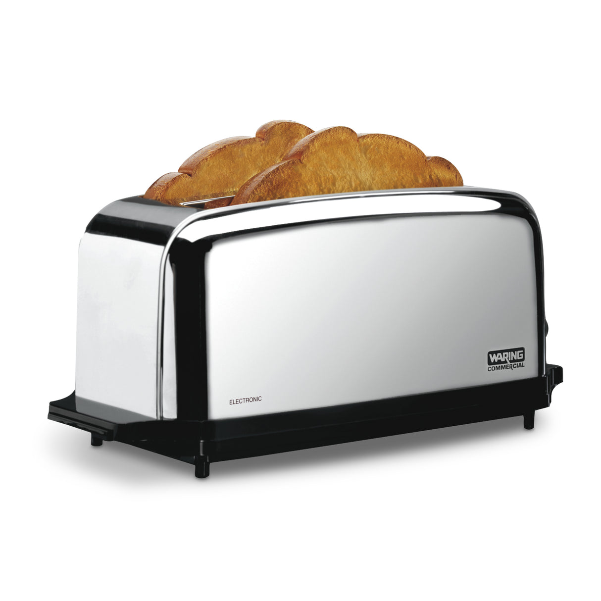 A shiny, stainless steel Commercial Toaster with extra long slots and two slices of golden-brown toast visible at the top. The toaster has a sleek, rectangular design, sits on a black base, and features the Waring Commercial logo on the lower right side.
