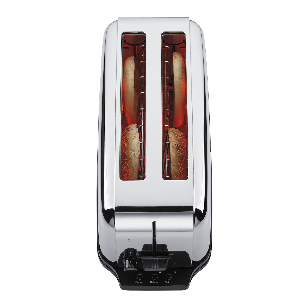 Top view of a chrome 4 slice toaster with two bagel halves inside, toasting. The heating elements glow red. The toaster has extra long slots, three buttons (cancel, reheat, defrost), and a front lever. Bagels are lightly browned with sesame seeds.