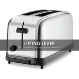 A stainless steel 4 slice toaster is shown on a white background. A black lever and control knobs are visible on the side. Overlaid text reads: Lifting Lever—Lifts Small Items Like High for Easy Removal.