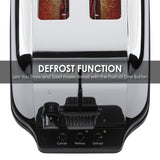 A close-up of a silver 4 slice toaster with extra long slots and two slices of bread inside, highlighting the defrost, reheat, and cancel buttons. Text overlay reads: DEFROST FUNCTION Lets You Thaw and Toast Frozen Bread with the Push of One Button.