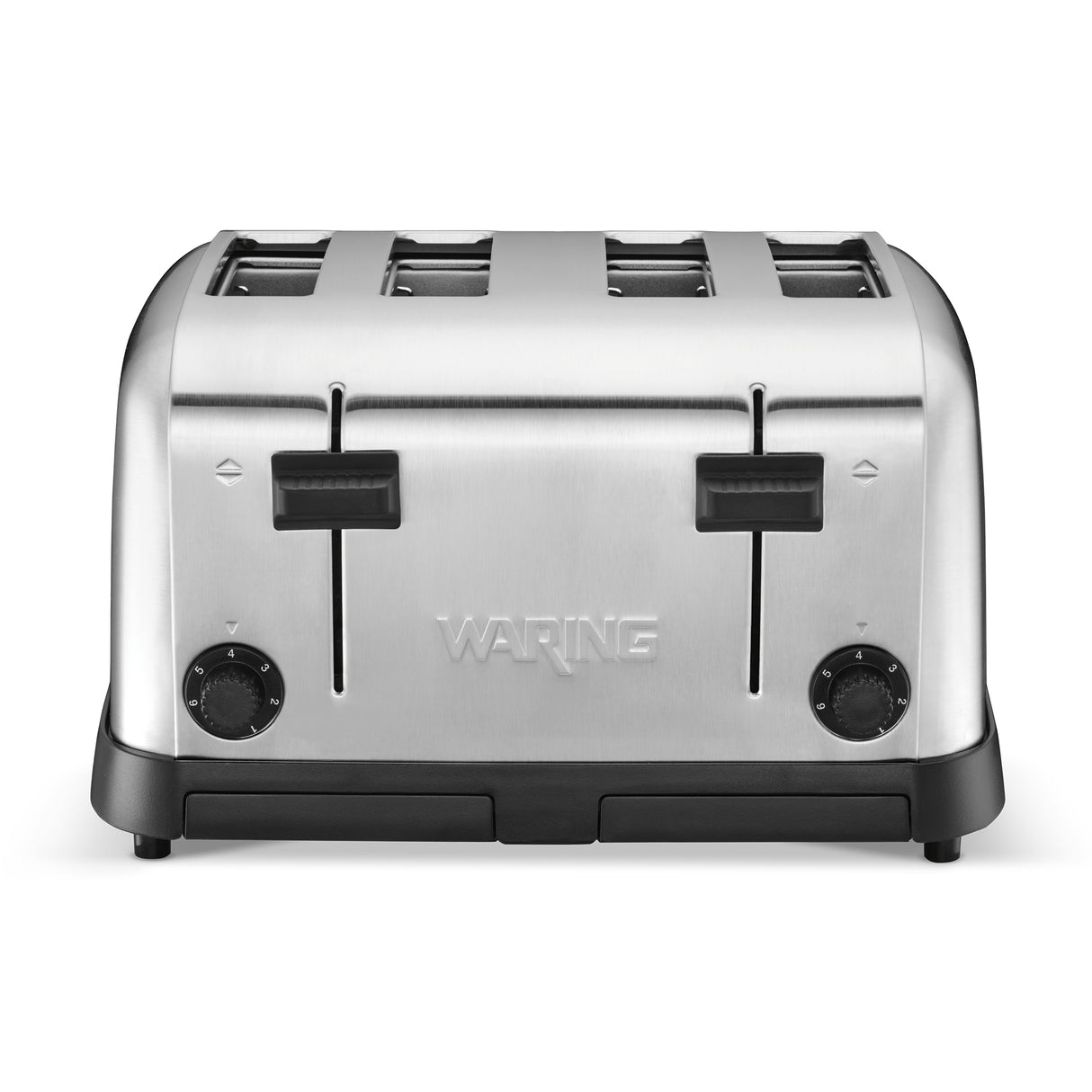A stainless steel 4 slice toaster with extra wide slots, two levers, and browning control dials. The Waring brand name is engraved on the sleek design with a black base, perfect for modern kitchens. Shown against a white background.