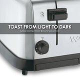 Close-up of a stainless steel 4 slice toaster with extra wide slots and a black browning control knob set to 2. Text overlay says TOAST FROM LIGHT TO DARK with Separate Electronic Browning Controls, highlighting adjustable toasting options.