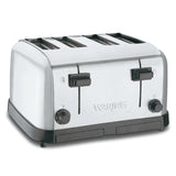 A stainless steel 4 slice toaster with black controls, two levers, and two numbered dials on the front. This commercial toaster features four extra wide slots and the Waring brand embossed on the front panel. The sturdy base is black.