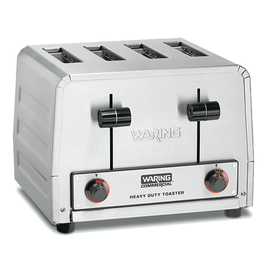 A stainless steel, 4 slice toaster by Waring Commercial with two black knob controls and indicator dials on the front panel, set against a plain white background. This heavy-duty toaster features a sturdy, industrial design ideal for commercial use.