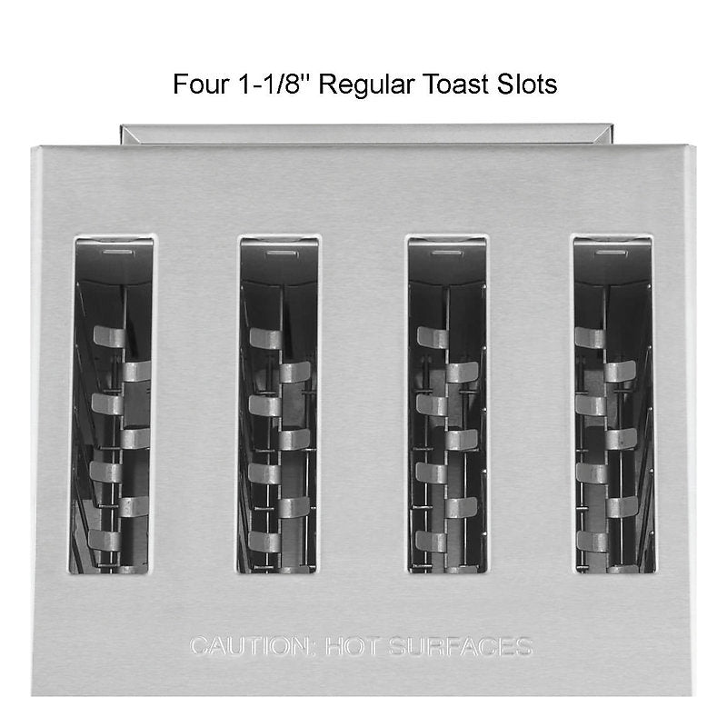 Top-down view of a stainless steel 4 slice toaster with four evenly spaced, vertical slots for toasting bread. Black text above reads Four 1-1/8 Regular Toast Slots. Below the slots, an engraved warning says, CAUTION: HOT SURFACES.