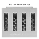 A top view of a heavy-duty 4 slice toaster with four evenly spaced slots for toasting bread. The text above reads, “Four 1-1/8 Regular Toast Slots.” “CAUTION: HOT SURFACES” is engraved below the slots on the toaster surface.