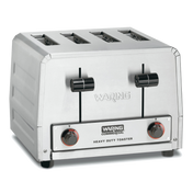 A stainless steel 4 slice toaster with four slots, two black dial knobs, and two black lever handles on the front. The commercial toaster has Waring Commercial branding and Heavy Duty Toaster text on its lower front panel.