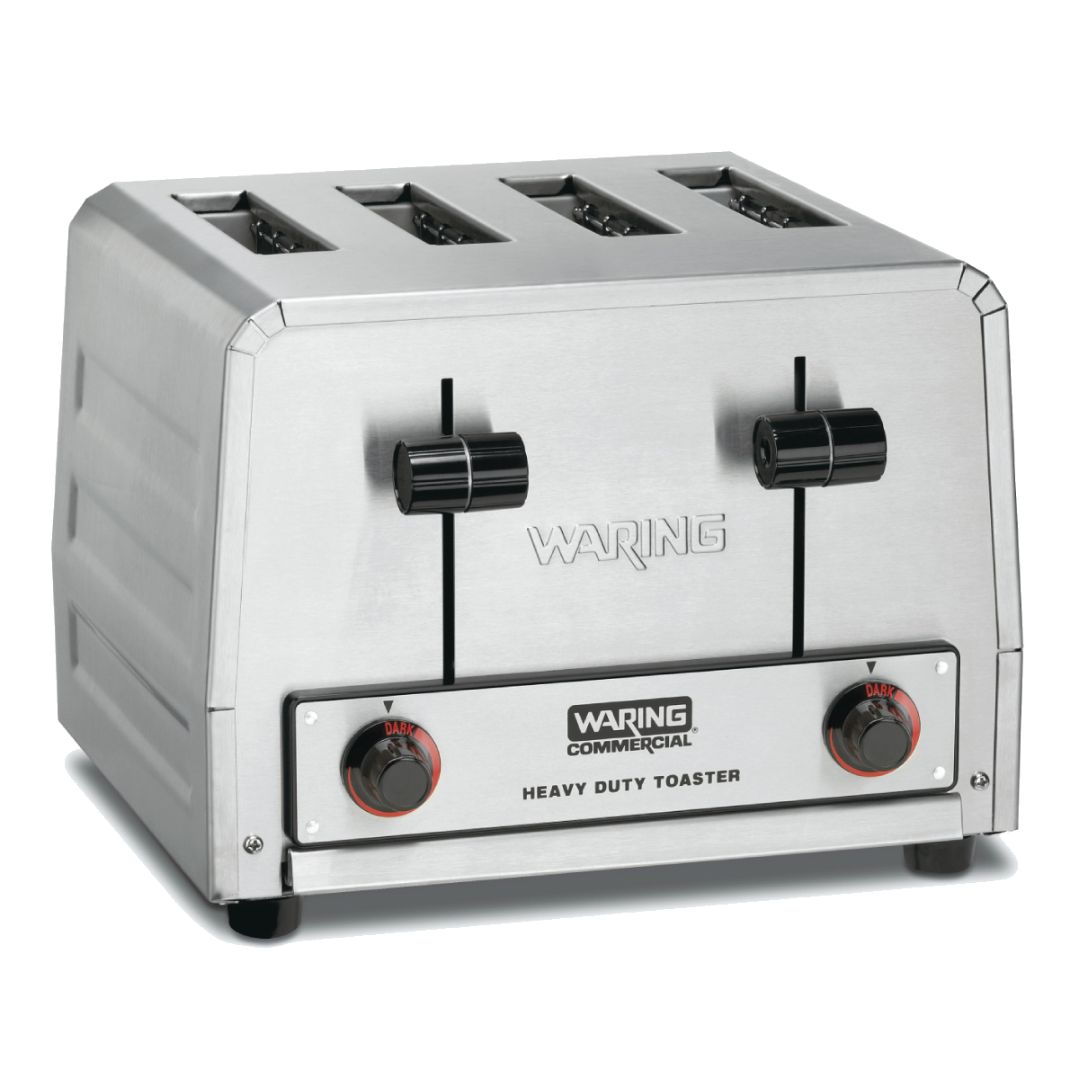 A heavy-duty commercial toaster with four slots, two black lever handles, and round dial controls on the front panel. The "Waring Commercial Heavy Duty Toaster" features a sturdy, industrial design perfect for any kitchen.