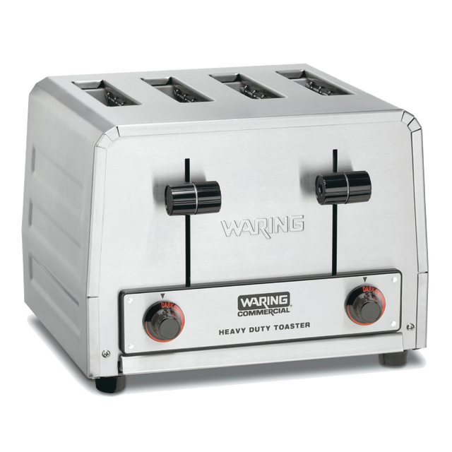 A heavy-duty commercial toaster with four slots, two black lever handles, and round dial controls on the front panel. The "Waring Commercial Heavy Duty Toaster" features a sturdy, industrial design perfect for any kitchen.