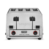 A stainless steel Waring Commercial heavy-duty toaster with a 4 slice capacity, two black lever controls, two black and red dials, and power switches on the front panel. Its robust, industrial design makes it perfect as a commercial bagel toaster.