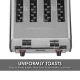 A close-up, top-down view of a stainless steel toaster with 4 slice capacity and black controls, above text reading UNIFORMLY TOASTS: Regular Bread, Bagels, Texas Toast, Frozen Waffles, and More on a gray banner.