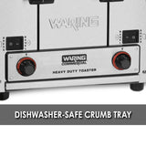 Close-up of a Waring Commercial heavy-duty toaster with 4 slice capacity, featuring two black and red dials labeled “Bread” and “Bagel.” Below, a banner reads “DISHWASHER-SAFE CRUMB TRAY” on a gray background.
