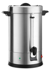 A large Coffee Urn with stainless steel housing, black handles, a black lid, a spout for dispensing, a clear liquid level gauge, and red and green indicator lights at the base. The urn stands upright on a sturdy black base.