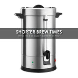 A large brushed stainless steel Coffee Urn with black handles, spout, and a dual heater system. Text reads: SHORTER BREW TIMES. Brews 110, 5 oz. cups in just over an hour. Features a power switch and indicator light against a white background.