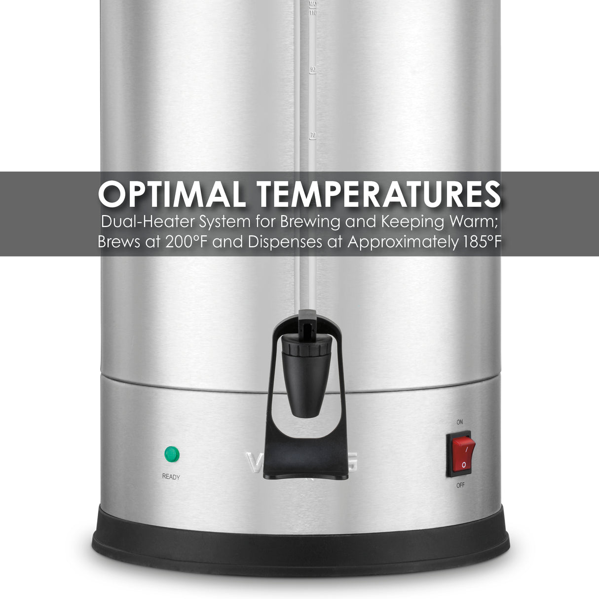 A brushed stainless steel Coffee Urn with a black spigot and control switch. Text overlay reads: OPTIMAL TEMPERATURES. Dual heater system brews at 200°F, dispenses at 185°F. Green and red indicator lights are visible.