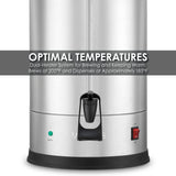 A brushed stainless steel Coffee Urn with a black spigot and control switch. Text overlay reads: OPTIMAL TEMPERATURES. Dual heater system brews at 200°F, dispenses at 185°F. Green and red indicator lights are visible.