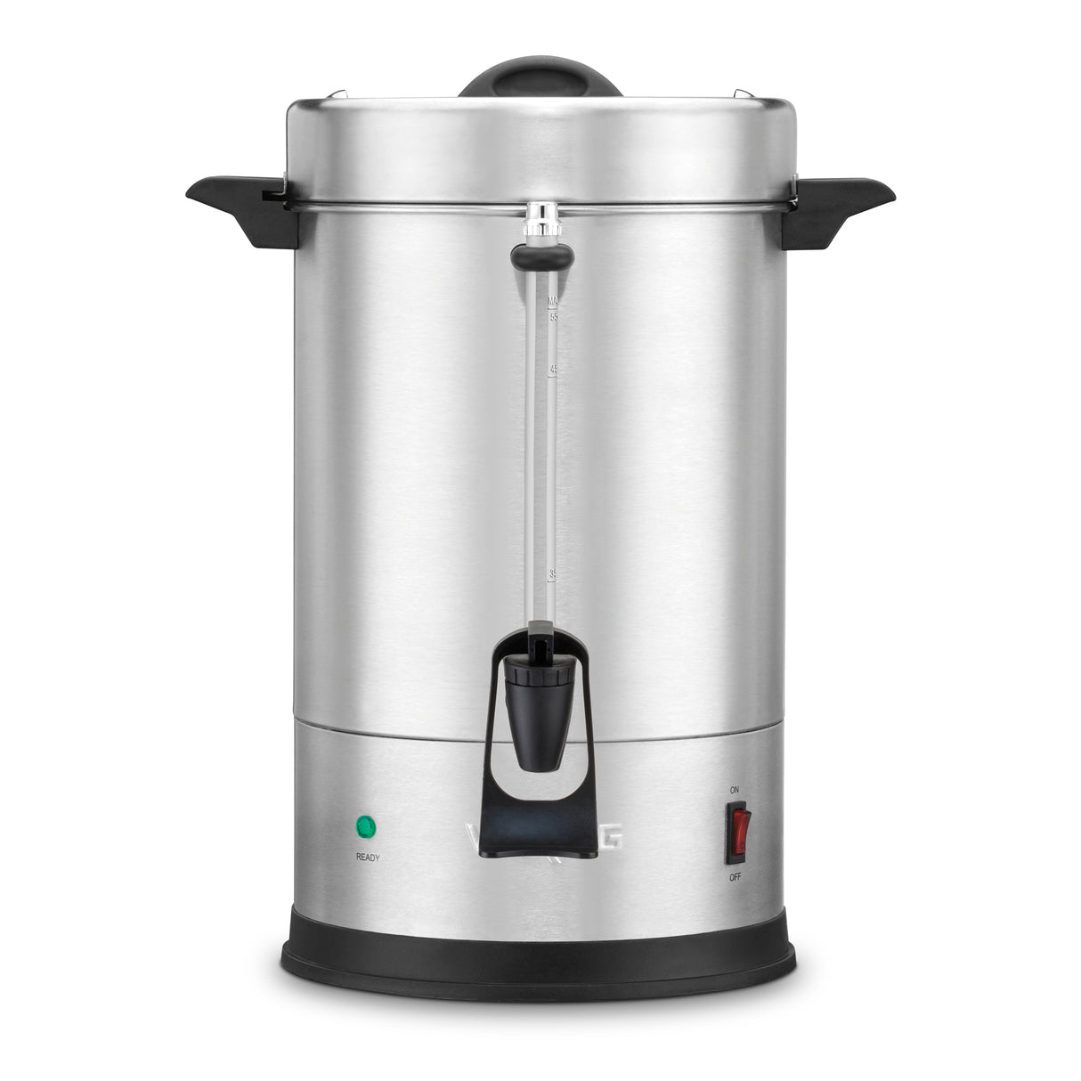 A stainless steel Coffee Urn with black handles, a clear water level gauge, a spout at the center, a black base, green ready indicator light, and red power switch. Features a dual heater system for optimal brewing, photographed against a white background.