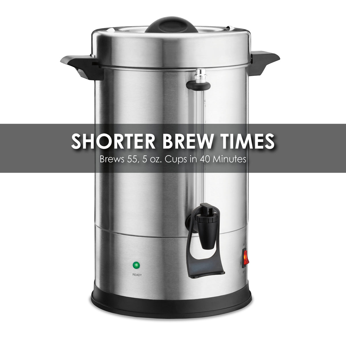 A large stainless steel Coffee Urn with black handles and spout sits on a plain white background. Text across the middle reads, “SHORTER BREW TIMES: Brews 55, 5 oz. cups in 40 minutes.” Features a dual heater system for efficient brewing.