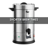 A large stainless steel Coffee Urn with black handles and spout sits on a plain white background. Text across the middle reads, “SHORTER BREW TIMES: Brews 55, 5 oz. cups in 40 minutes.” Features a dual heater system for efficient brewing.