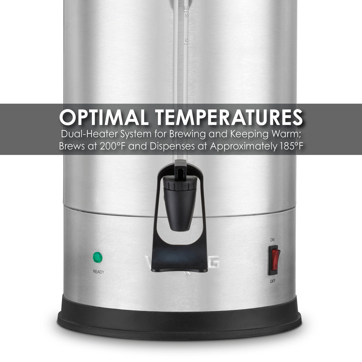 Close-up of a stainless steel Coffee Urn with black spout, green “ready” light, and red on/off switch. Overlaid text: “OPTIMAL TEMPERATURES: Dual Heater System & Boil Dry Protection; Brews at 200°F, Dispenses at Approx. 185°F.”.