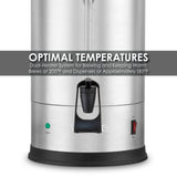 Close-up of a stainless steel Coffee Urn with black spout, green “ready” light, and red on/off switch. Overlaid text: “OPTIMAL TEMPERATURES: Dual Heater System & Boil Dry Protection; Brews at 200°F, Dispenses at Approx. 185°F.”.